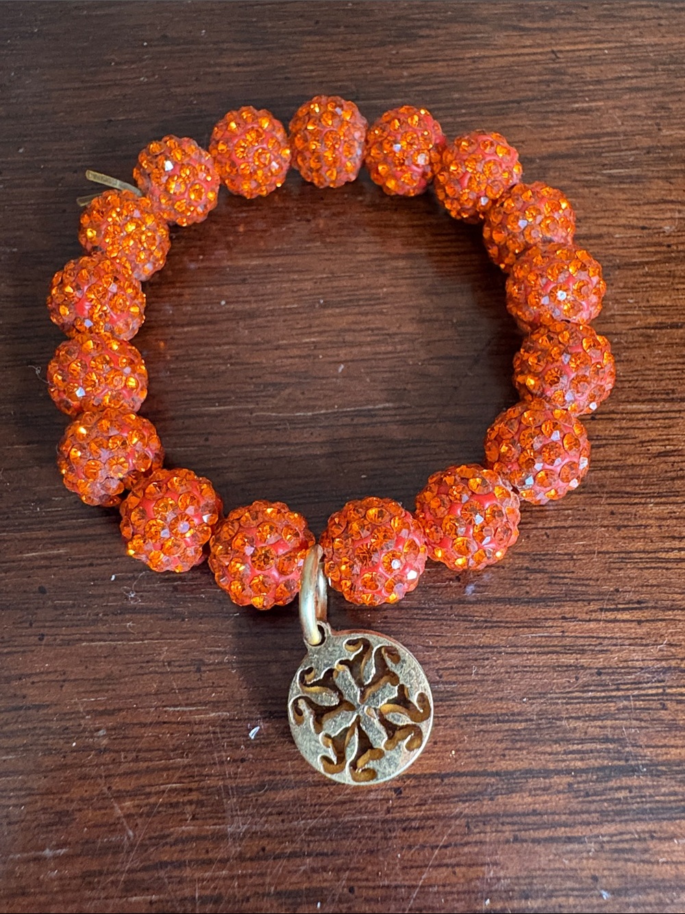 Rustic Cuff kids Orange Crystal Bead Stretch Bracelet with Gold RC Charm